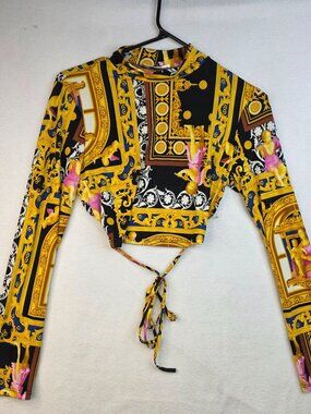 Timing Baroque Crop Top L Black Yellow Long Sleeves Tie Rear Angelcore Festival